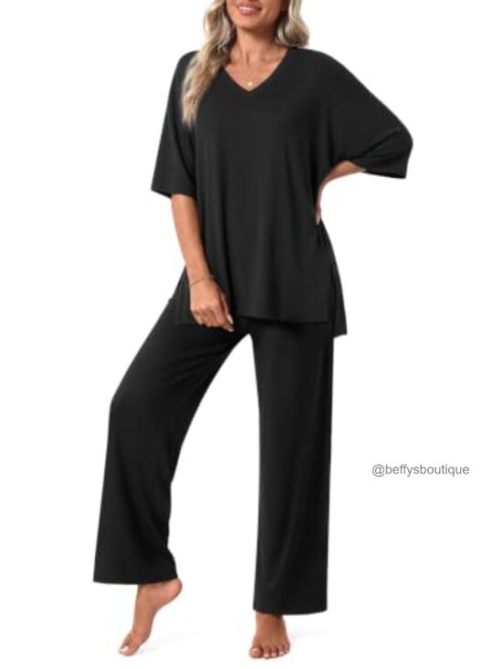 Other - Women's 2-Piece Lounge Set V-Neck Side Slit Top & Long Pants with Pockets